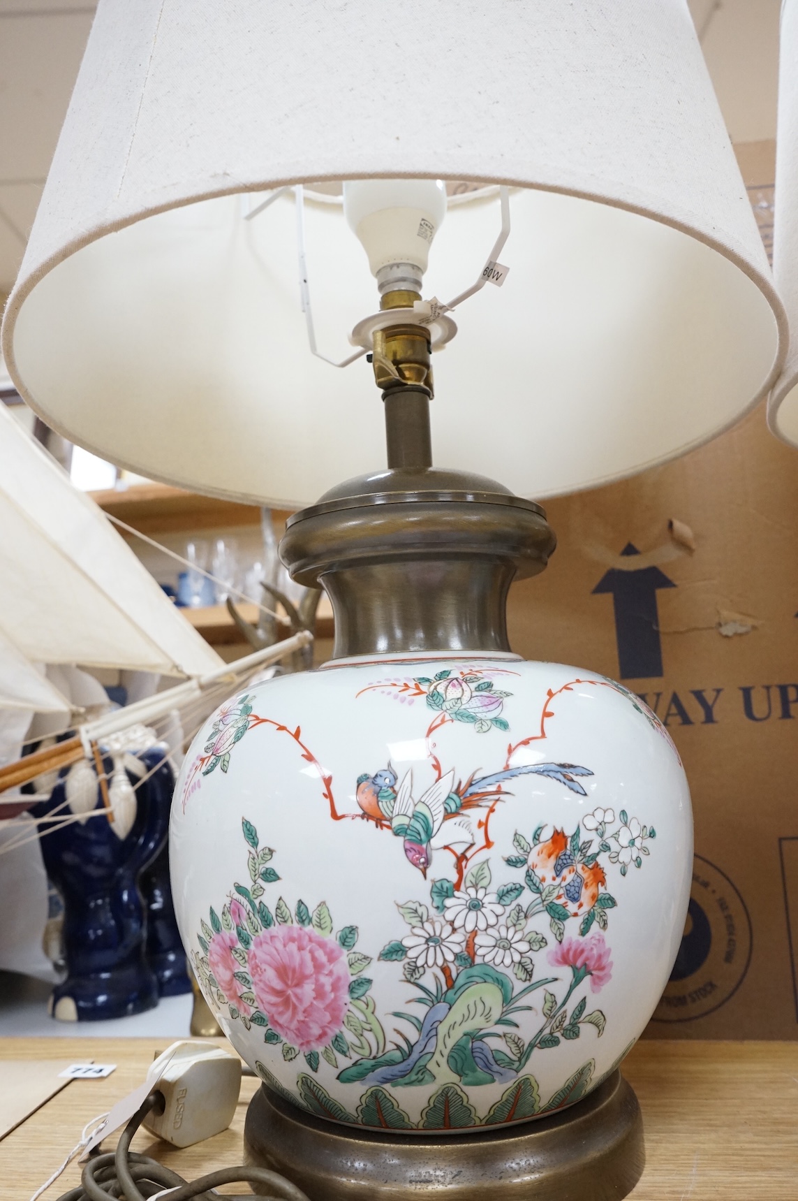 A pair of Chinese famille rose table lamps, with shades, 62cm total